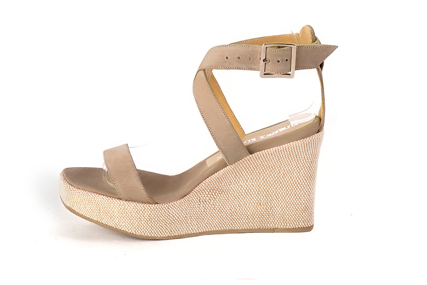 Women's tan beige elegant fully open cross straps sandals. .  - Profile view
